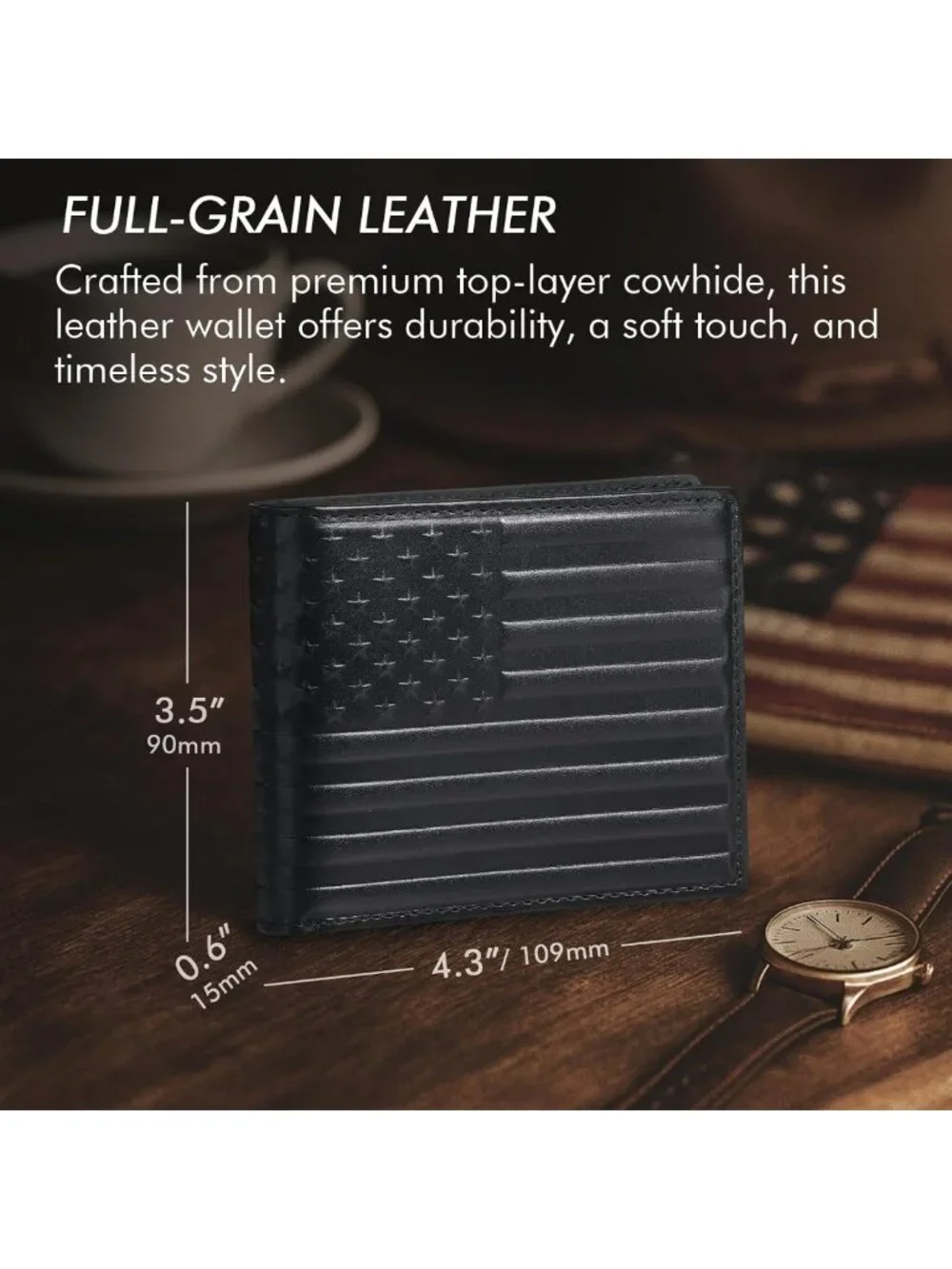 Men's RFID Blocking Bifold Wallet - Full Grain Leather, 2 ID Windows, 13 Card